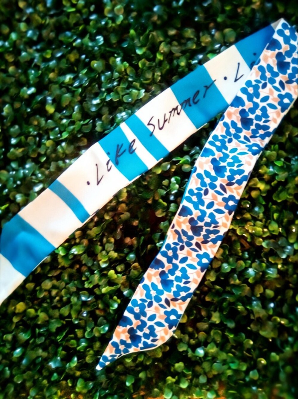 Long Blue Floral and Striped Skinny Twilly Scarf Tie